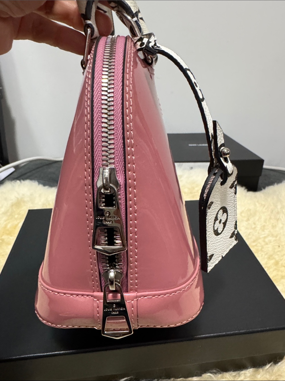 Louis Vuitton Pink Patent Alma Handbag with White Monogram Accents - Picture 3 of 11